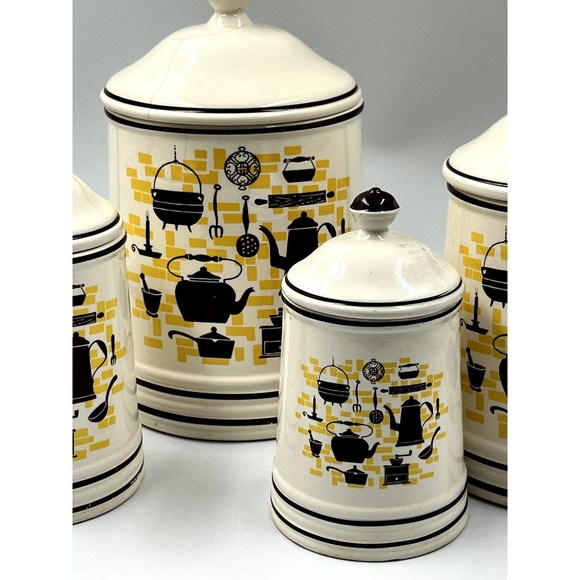 unknown Kitchen Vintage Ceramic Mcm Set Of 4 Canisters Cream Brown